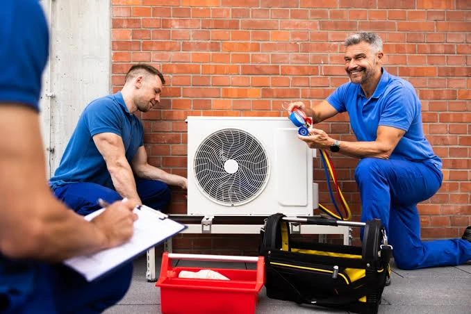 HVAC technicians servicing an outdoor air conditioning unit with pressure gauges