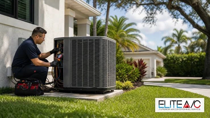 Technician servicing an outdoor air conditioner beside a home and lawn